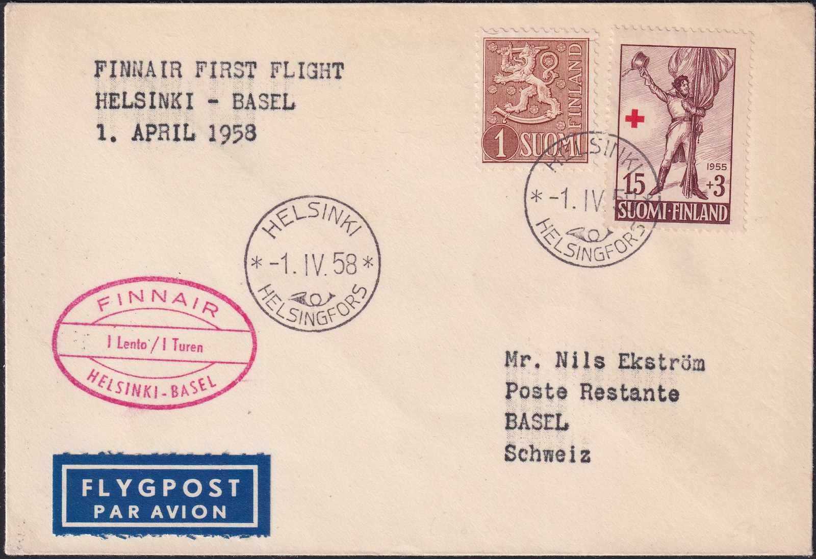 1958, Finnair Erstflüge Helsinki-Basel, Helsinki-Genf, Genf-Helsink ...