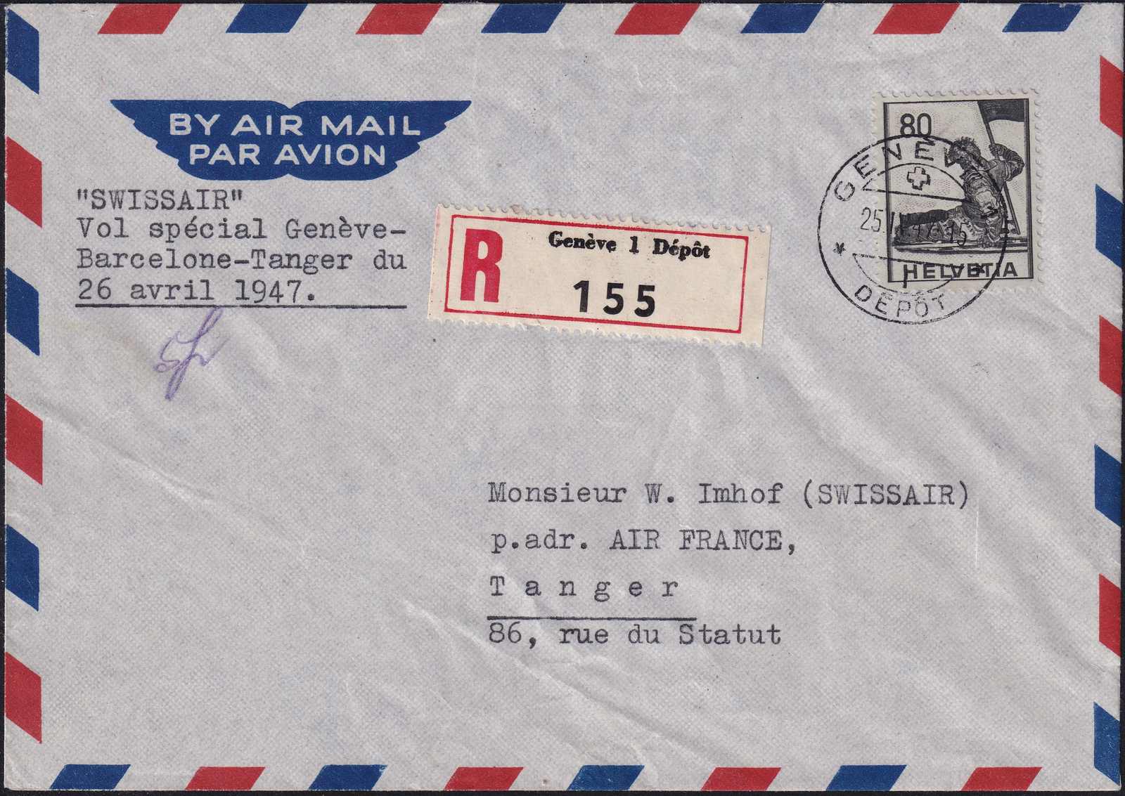 1947, Swissair-Flug Genf-Tanger, ca. 10 Belege geflogen, SLH 800 ...