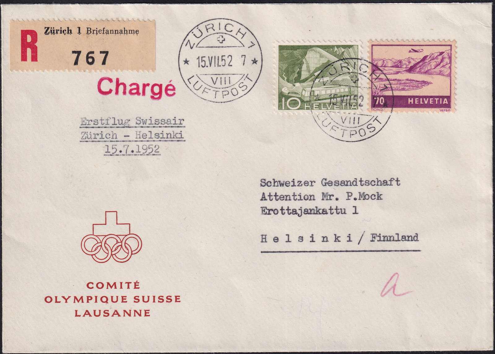 1952, Olympiaflug Zürich-Helsinki, ca. 25 Belege geflogen, SLH 600.-