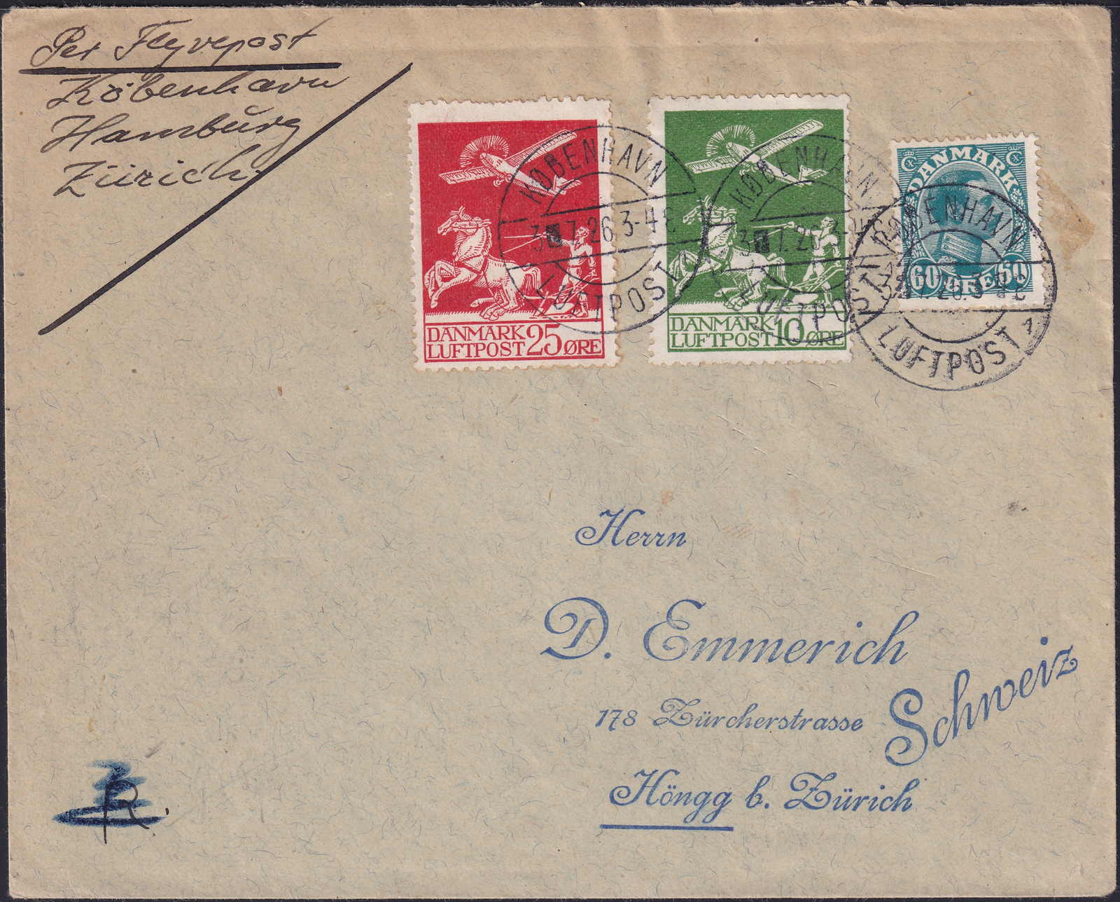 1926, Flugpostbrief Kopenhagen-ZürichAutomatically generated ...