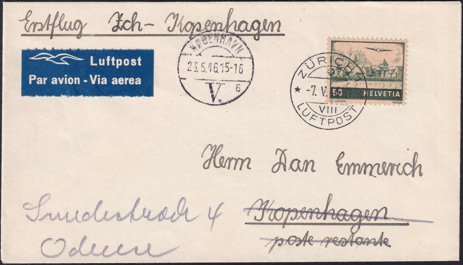 1946, Brief vom Erstflug Zürich-Kopenhagen und Karte ...