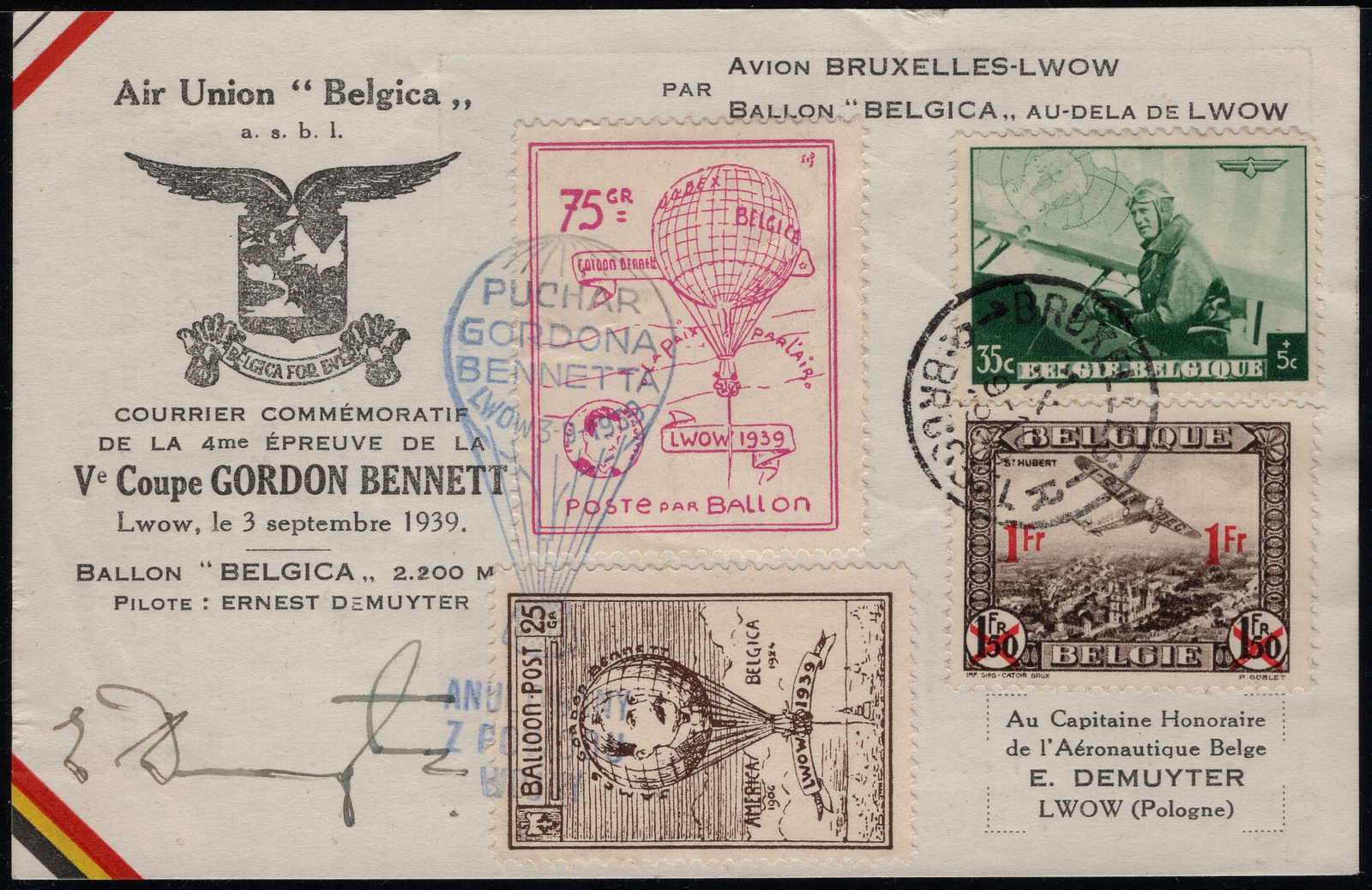 Belgien 1935, 1937+1939, Lot von 3 versch. GORDON BENNETT Belegen, 2x ...