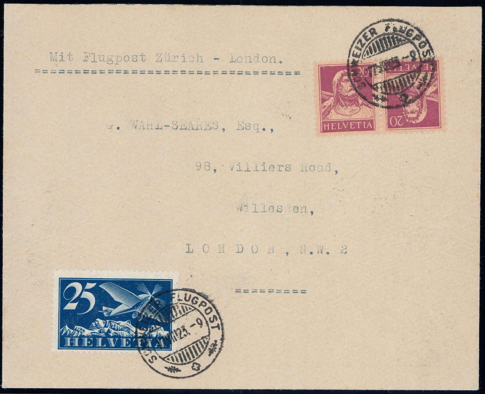 1923, Handley Page Transport Ltd., Brief vom Erstflug Zürich-London, ...