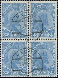 1916, 25H ultramarin im Viererblock, sauber gest. VADUZ, sign. Moser, ...