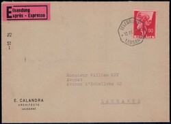 1948, 90c Bannenträger auf Express-Umschlag von Lausanne lokal ...
