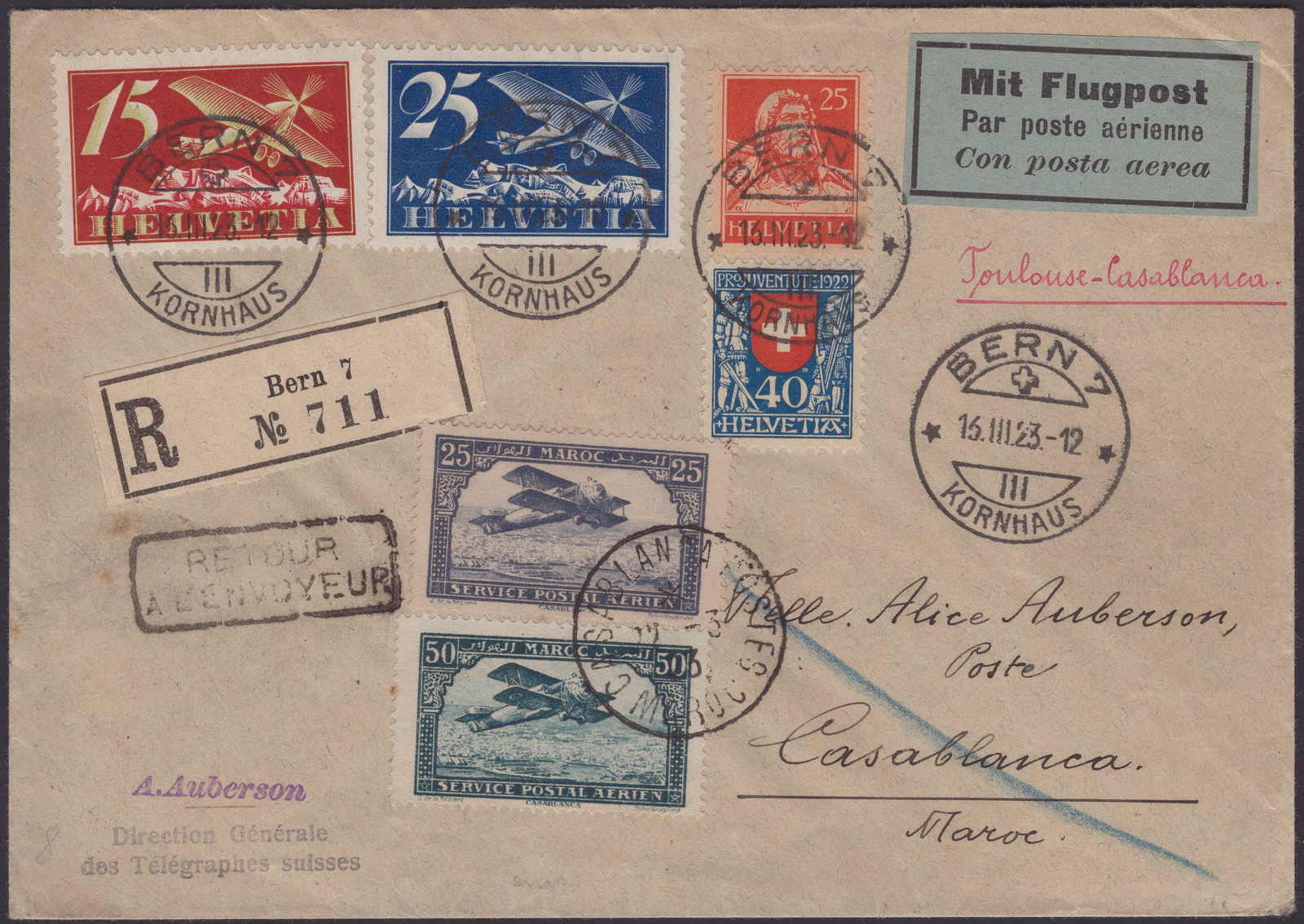 1923, LAT Fremdflug Toulouse-Casablanca, dekoratives Brieflein mit ...