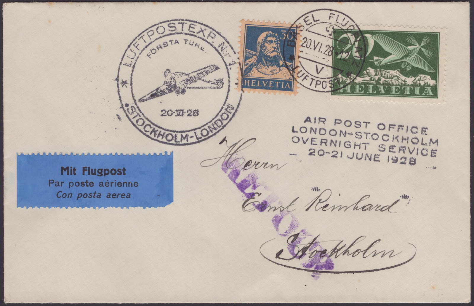 1928, ABA Nachtpost-Versuchsflug London-Stockholm, 1. Flug, SLH 110 ...