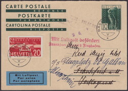 1934, Antwortkarte vom Swissair Erstflug Basel-Frankfurt, rückseitig ...