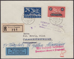 1934, Brief vom Swissair Erstflug Basel-Frankfurt, rückseitig gest. ...