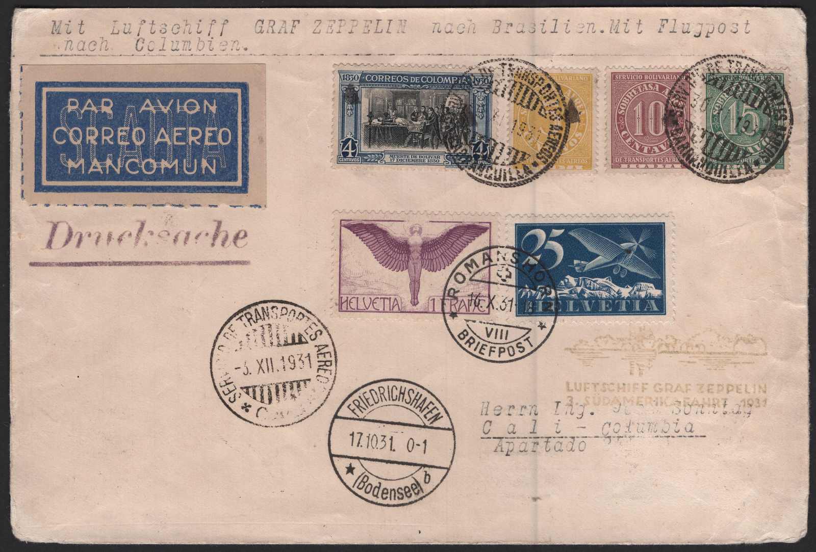 Schweiz 1931, Brief der 1. Südamerikafahrt mit ...