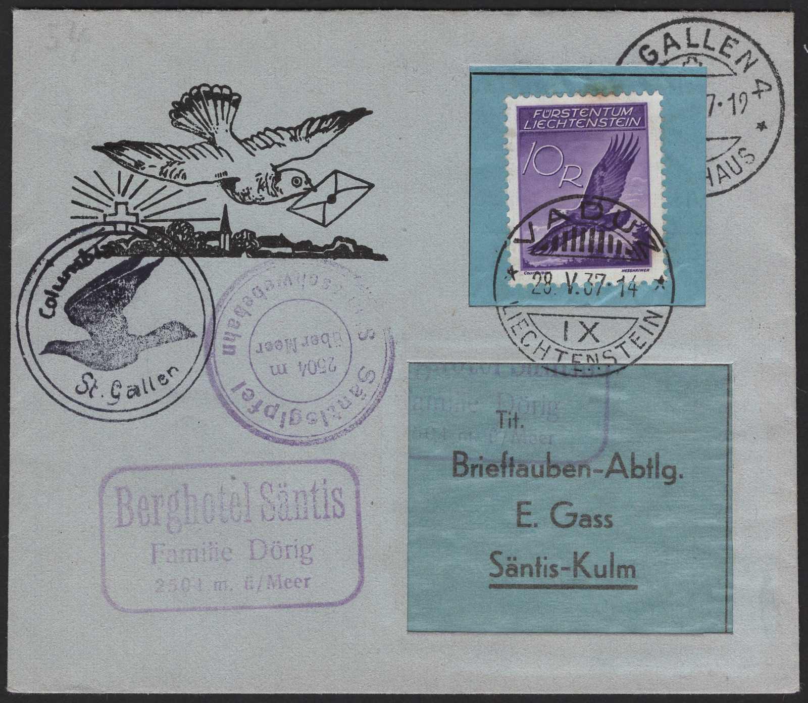 1937, Brieftaubenpost Säntisgipfel-St. Gallen, 2 versch. Umschläge ...