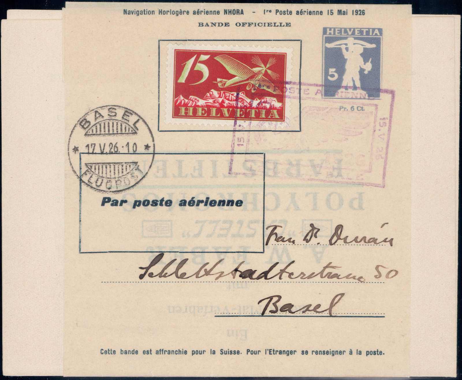 1926, NHORA, 5c Zeitungsstreifband Le Locle-Basel, SLH 450 ...