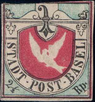 Basel Taube 2 1/2Rp rot/blau/schwarz, farbfrische Marke, dreiseitig ...