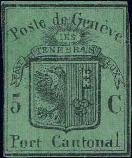 Genf 5c Grosser Adler, dunkelgrün, farbfrisch, teils der Randlinie ...