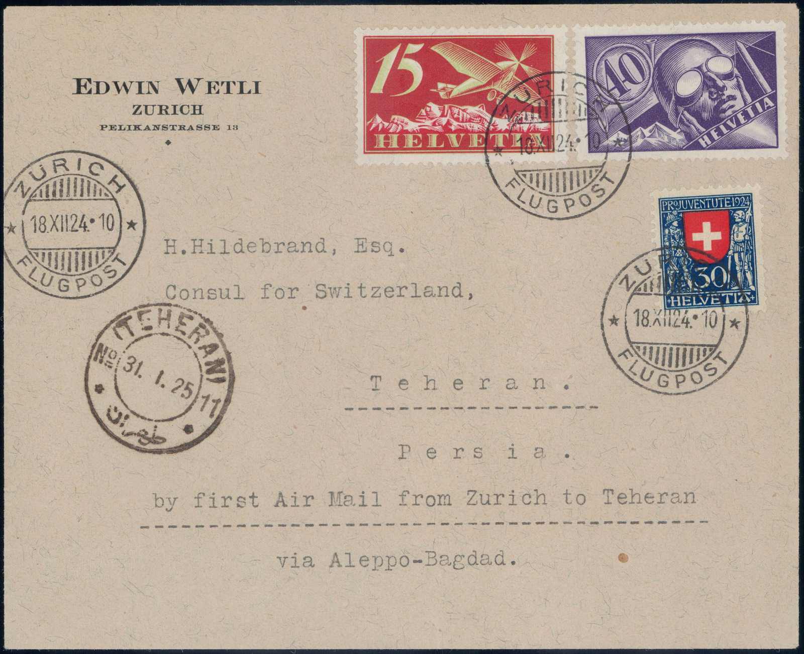 1924, Mittelholzer Persienflug Zürich-Teheran, privater Umschlag, ...