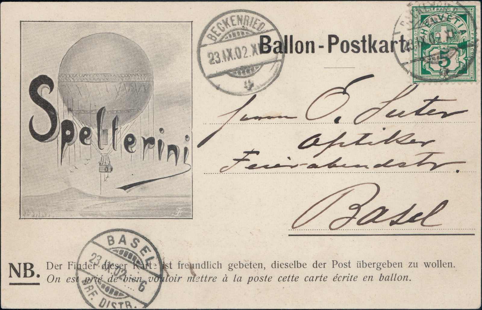 1902, 22. September, Ballon "Zephyr", Start in Zürich, Abwurf über ...