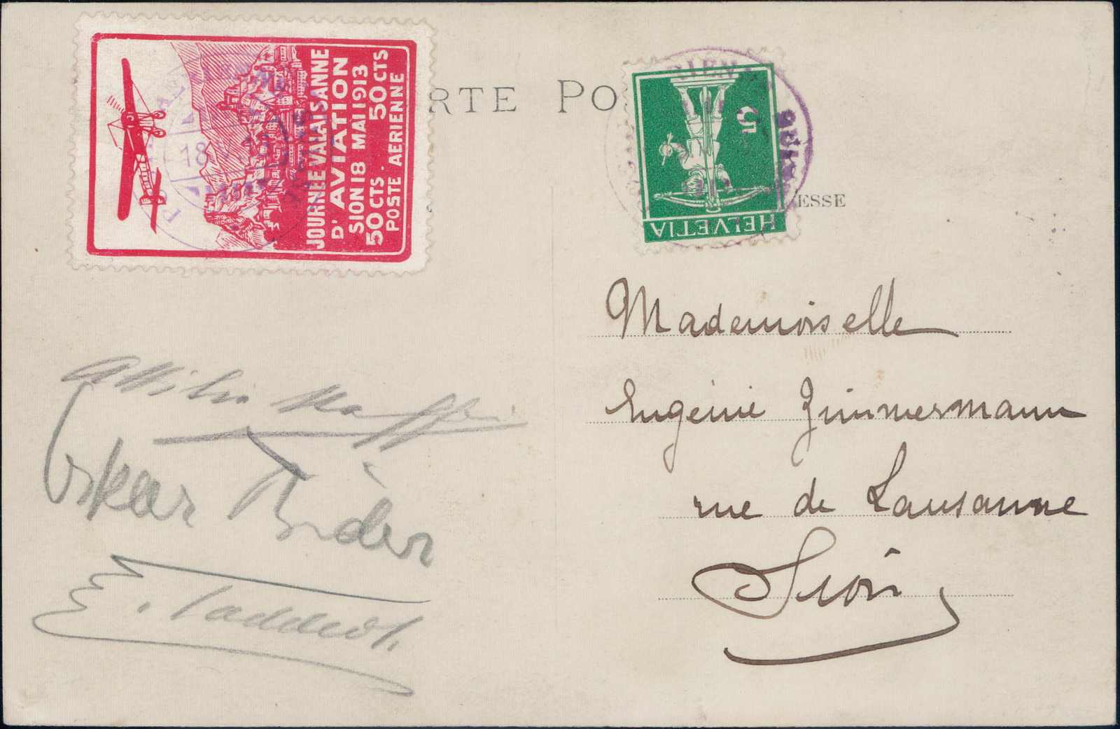 1913, Vorläufer Sion, Kreidepapier auf offiz. Photokarte "Oskar ...