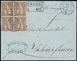 1868, 5c gelbbraun im Viererblock auf R-Brief von Malters nach ...