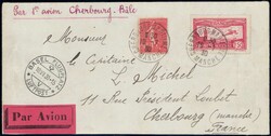 1930, Balair-Erstflug Cherbourg-Basel mit vorderseitigem AK-Stempel, ...