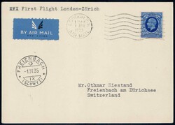 1935, Karte vom Erstflug London-Zürich, nur 15 Belege geflogen, 1200 ...