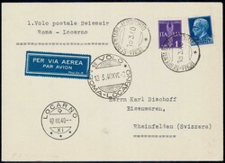 1940, Locarno-Rom, Karte mit Flugpostfrankatur, sowie Umschlag mit ...