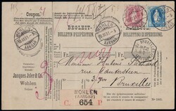 1891, 50c blau + 1Fr lila auf Begleitadresse von Wohlen nach Belgien