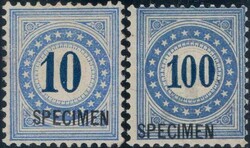 10c + 100c Faserpapier mit Aufdruck SPECIMENAutomatically generated ...