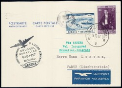 1957, Antwortkarte vom SABENA-Erstflug Brüssel-Belgrad, ...