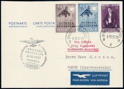1957, Antwortkarte vom SABENA-Erstflug Brüssel-Montreal, ...