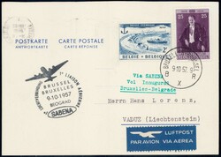 1957, Antwortkarte vom SABENA-Erstflug Brüssel-Belgrad, ...