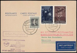 1958, Antwortkarte mit 2-Länderfrankatur vom Lufthansa-Erstflug ...