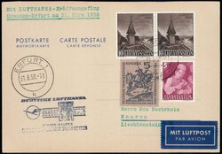 1958, Antwortkarte mit 2-Länderfrankatur vom Lufthansa-Erstflug ...