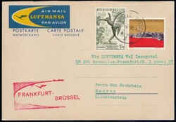 1958, Antwortkarte vom Lufthansa-Flug Brüssel-Frankfurt mit ...