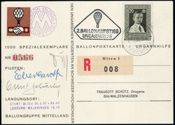 1956/57, 6 Ballonpostkarten, dabei Vignetten und Pilotenunterschriften