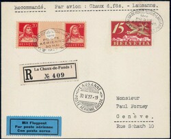 20+20c karminrot auf NHORA-Flug Chaux-de-Fonds nach Lausanne, SBK 550 ...