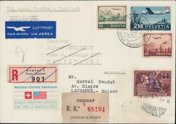 1947, Swissair-Flug Genf-New York, R-Brief nach Uruguay und nach ...
