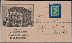 Kochermarken 1909, 5c grün, Rahmen blau auf illustr Brief nach Locle ...