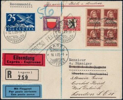1928/29, 25c braun im Viererblock auf R-Brief von Lugano nach Zürich ...