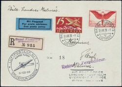 1928, Nachtpostversuchsflug Stockholm-London, 4. Flug, R-Brief am ...