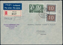1945, 10c (2) + 80c Pax auf R-Luftpostbrief von Cham nach Schweden, ...