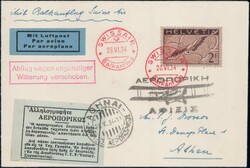 1934, Swissair Balkanflug Zürich-Athen mit 2Fr glattes Papier, SLH ...