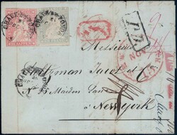 USA 1858, 15Rp karmin + 1Fr grau auf sauberem Brief von ...