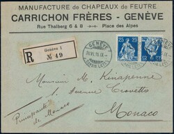 25+25c blau auf R-Brief von Genf nach Monaco, rückseitg ...