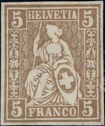 5c golden, ungezähnte Farbprobe auf Papier mit KZ, punkthelle Stelle