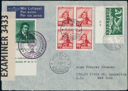 1941, Vorläufer Pestalozzi (grün) auf Zensurbrief nach New York, ...