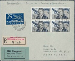 1927, 30c Viererblock + 25c Flugpost auf R-Flugpost-Brief von Genf ...