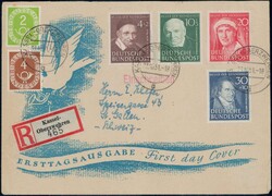 1951, Serie Helfer der Menschheit (4) auf illustr FDC mit Brieftaube ...