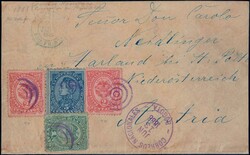 1888, 2c rot auf rosa zusammen mit 1c grün und 5c blau auf Brief ...
