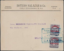 1925, 4c lila im Paar auf Brief von Cali nach Mailand, AK-Stempel ...