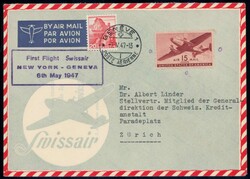 1947, Swissair Sonderflug New York-Genf, US-Marke nicht entwertet + ...